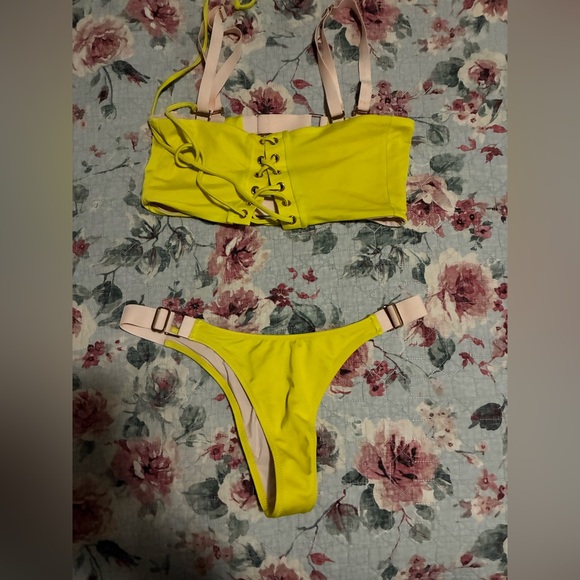 We Are Hah Other - Neon Yellow Lace-Up Bandeau Bikini Set